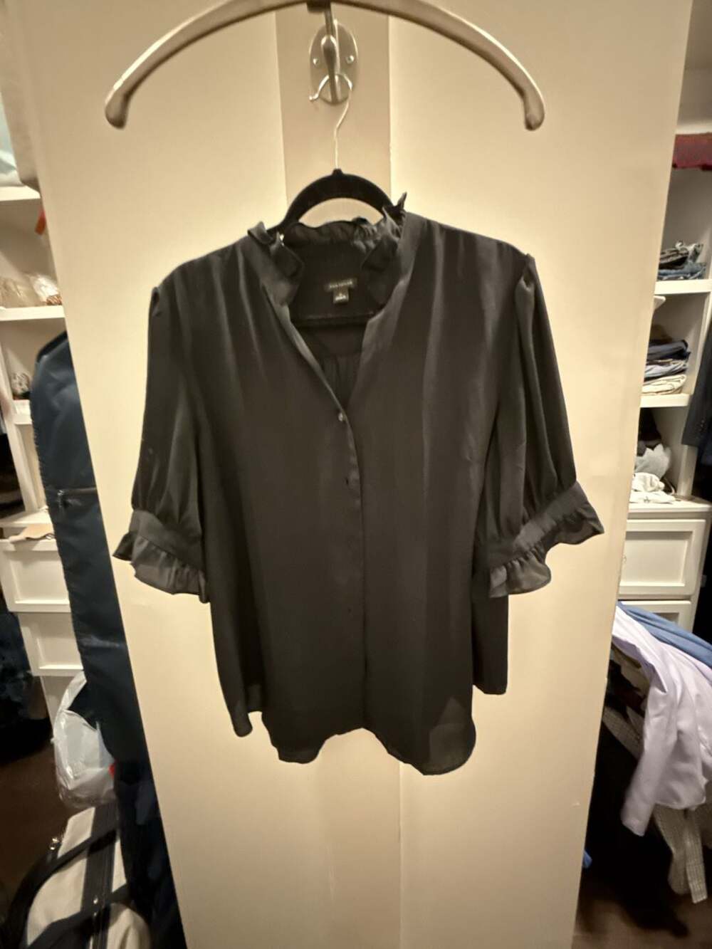 Ann Taylor Ruffled Neck Ruffle Cuff Short Sleeve Black Blouse
